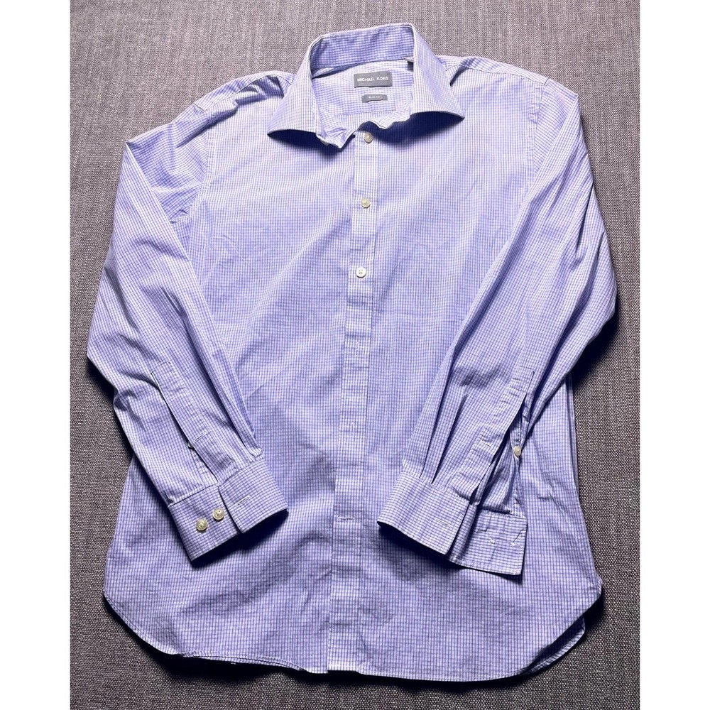 Michael Kors Mens 15.5 32/33 Blue White Plaid Slim Fit Dress Shirt Business